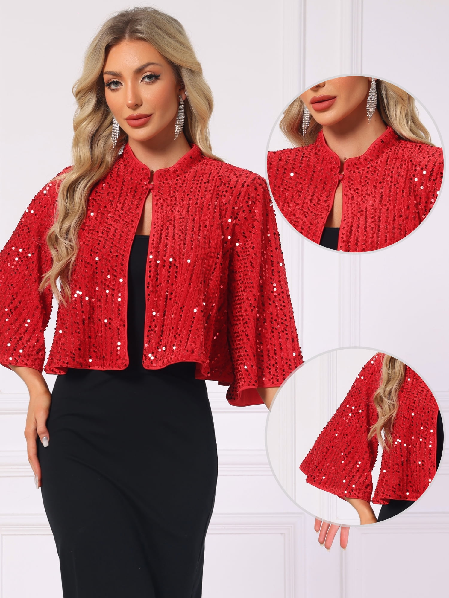 DARING DIVA Women's Sequin Jackets Velvet Capelet Cocktail Sprakly Bolero Shrugs M Red