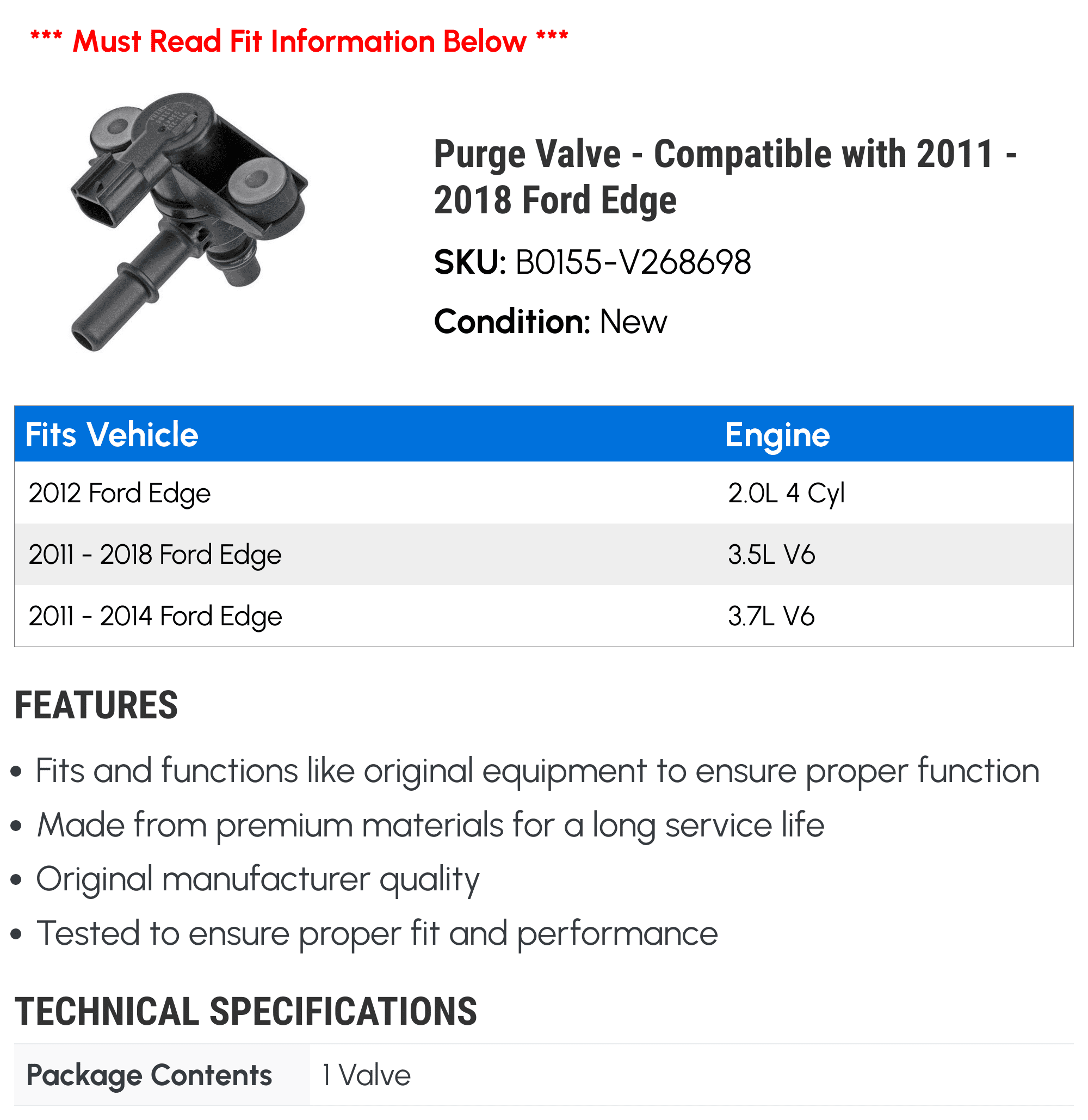 Purge Valve - Compatible with 2011 - 2018 Ford Edge 2012 2013 2014 2015 2016 2017