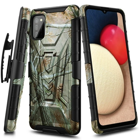 Nagebee Phone Case for Samsung Galaxy A02S with Tempered Glass Screen Protector (Full Coverage), Belt Clip Holster with Built-in Kickstand, Heavy Duty Protective Shockproof Armor Rugged Case (Camo)