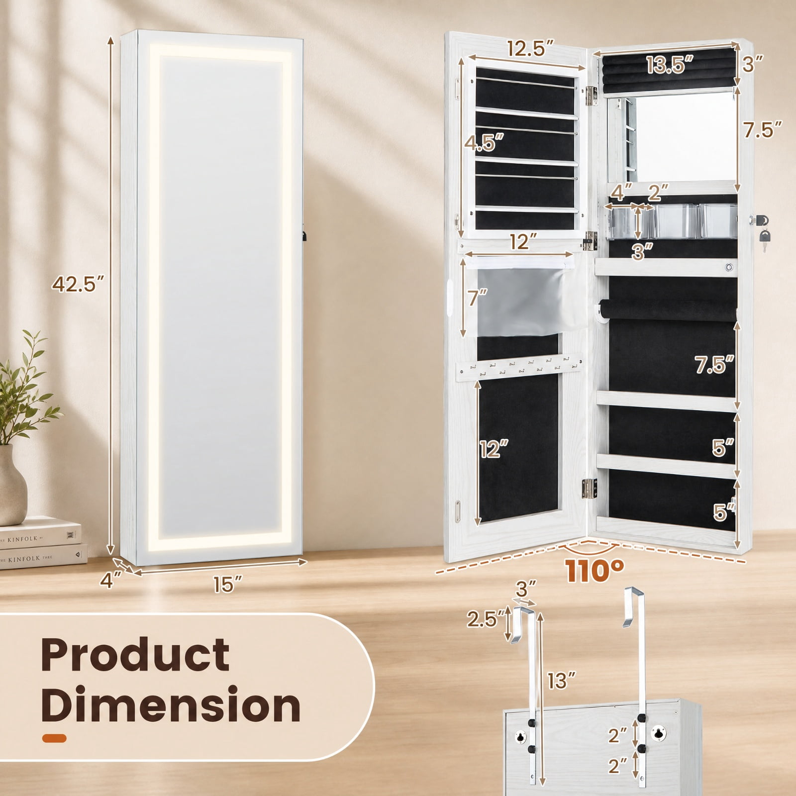 Furnibear 42.5 Inches Lockable Jewelry Mirror Wall Cabinet with 3-Color LED Lights for Bedroom Dressing Room Jewelry Necklace Rings Storage, White