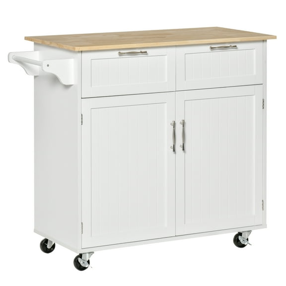 KWUXIN 41" Modern Rolling Kitchen Island on Wheels, Utility Cart Storage Trolley with Rubberwood Top & Drawers, 41"W x 18"D x 35.75"H,White