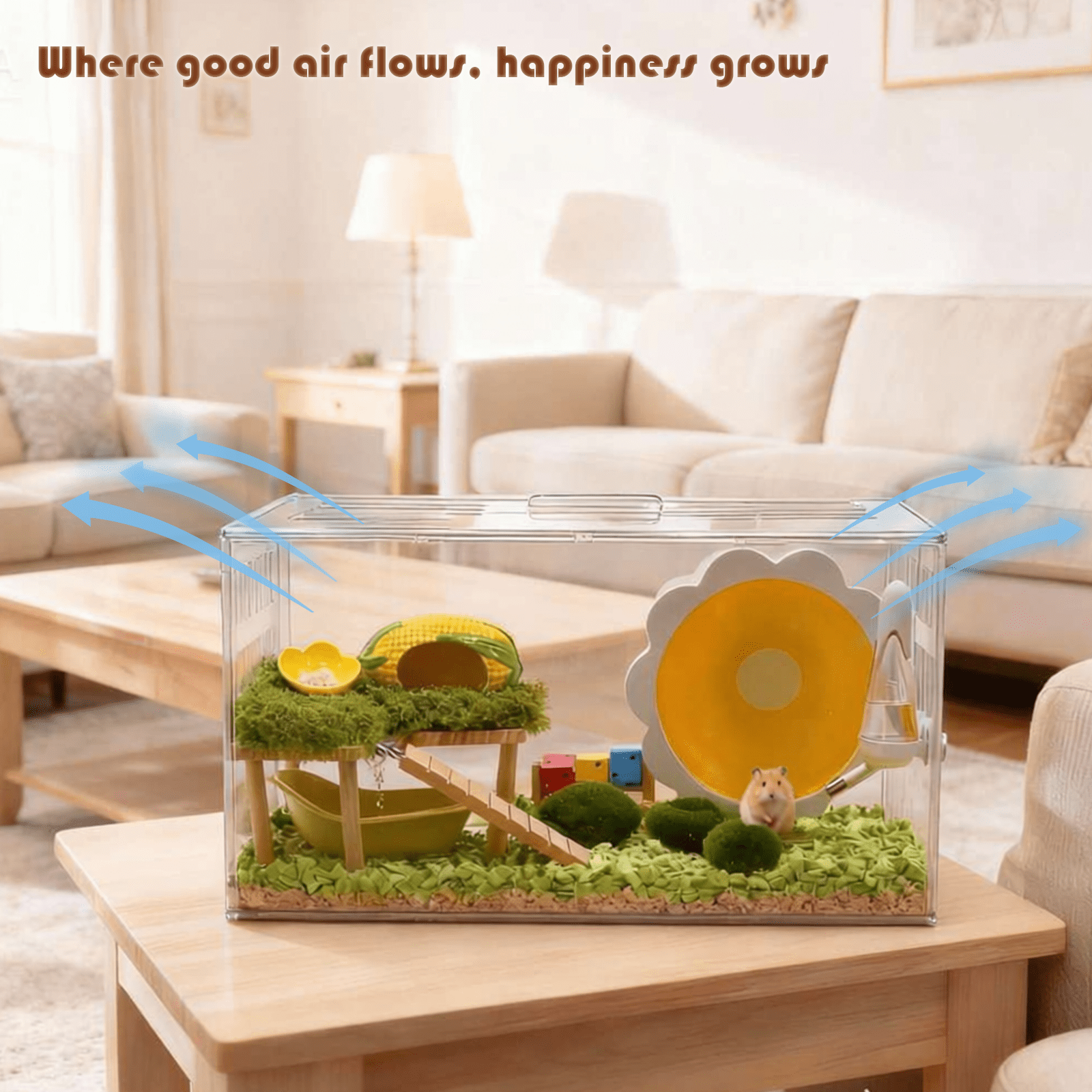 Transparent Hamster Cage with  2nd Floor, Bathhouse, Hideout, Wheel, Toy, Water Bottle & Bowl - Complete Habitat for Hamsters, Mice, Gerbils(23.6 x 13.8 x 12.2 Inches)
