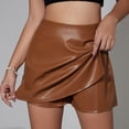 thumbnail image 2 of FRSASU Shorts for Women Faux Leather Skorts High Waisted PU Leather Shorts Elastic Waist Ruched Wrap Skorts Skirts Khaki, 2 of 9