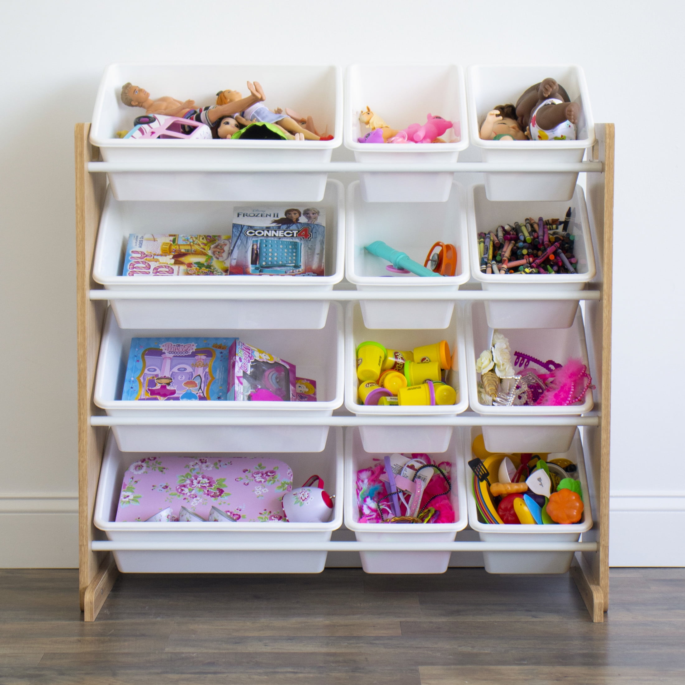 Humble Crew Journey Kids Toy Storage Organizer with 12 Storage Bins, Natural Wood/White