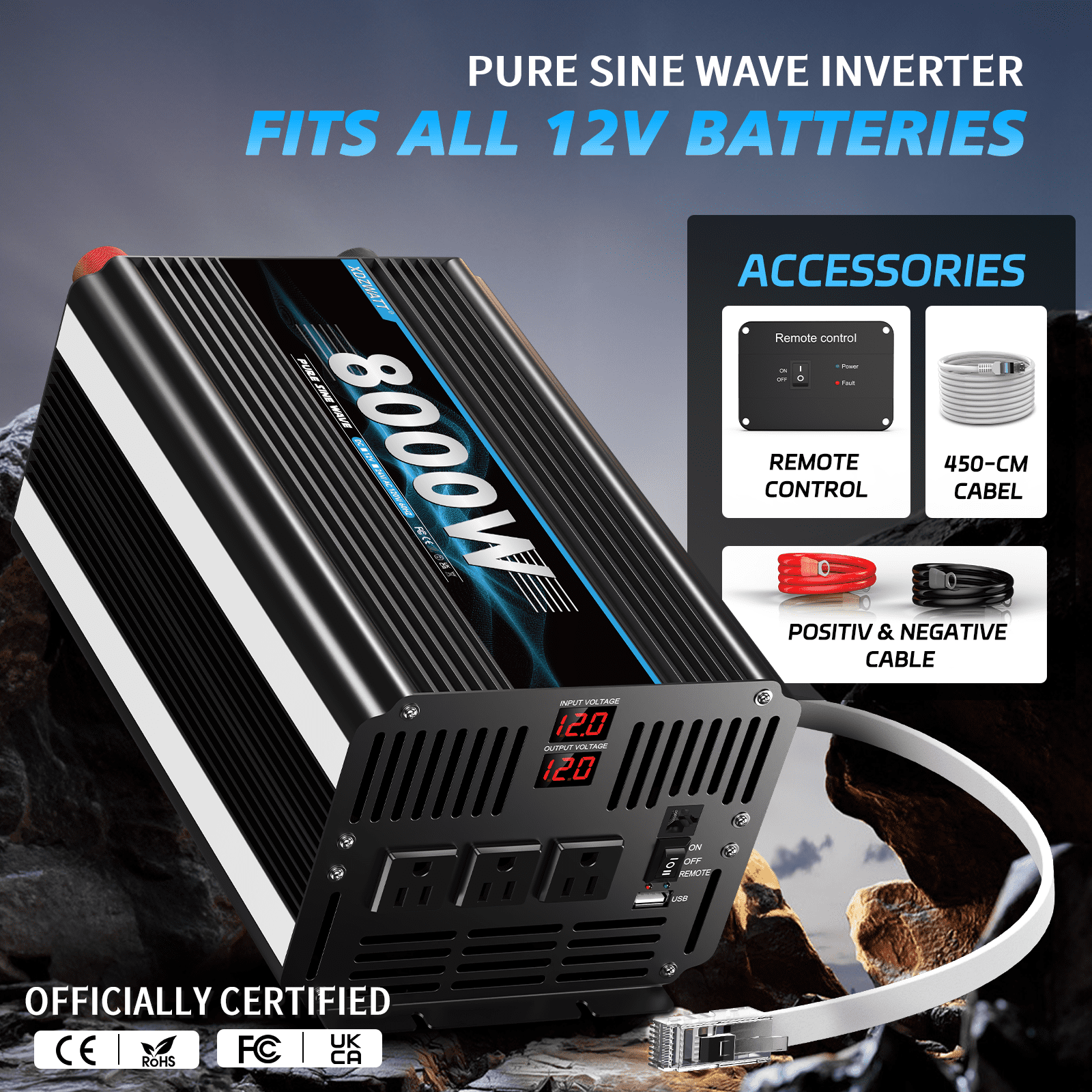 XDZWATT 12V 3000W Continuous 8000W Surge Power Inverter LCD Display for Car