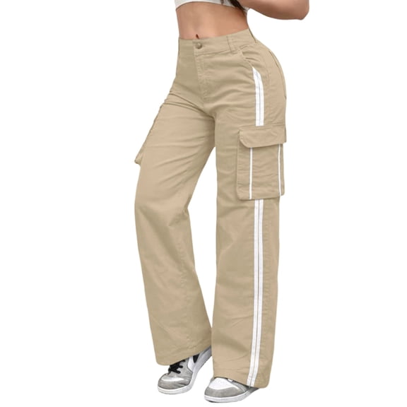 Women's Pants - Women's Cargo Pants Baggy Straight Wide Leg Track Pants Striped Joggers with Pockets Athletic Streetwear 2026 Trendy Khaki L