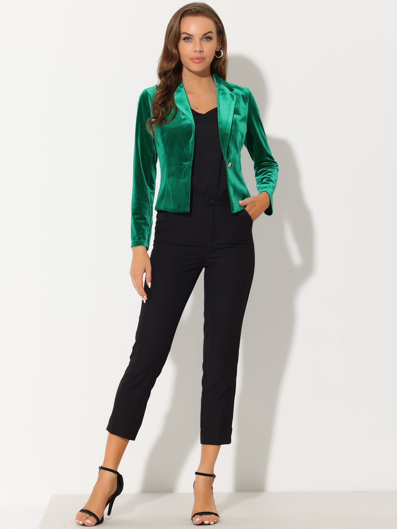 DARING DIVA Women's Button Front Velvet Blazer Lapel Crop Suit Jacket L Grass Green