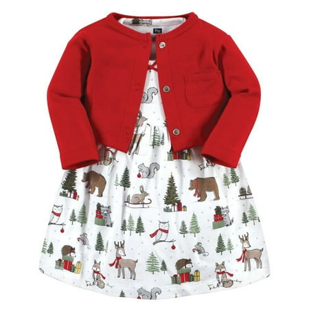 

Hudson Baby Infant and Toddler Girl Cotton Dress and Cardigan Set Red Winter Forest 3-6 Months