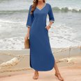 thumbnail image 4 of gakvbuo Maxi Dress For Women With Pockets Boho Summer Dresses 3/4 Sleeve V Neck Long Beach T-Shirt Dress With Side Split Bottom Sundress Travel Vacation Outfits, 4 of 9