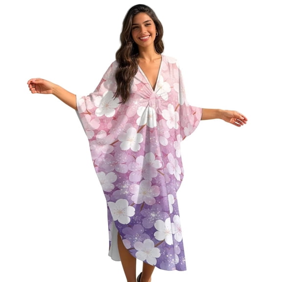 FKELYI Gradient Cherry Flower Print Womens Beach Coverup Plus Size Swimwear Cover Up Maxi Beach Dress V-Neck Loungewear Resort Wear Summer Vacation Outfit