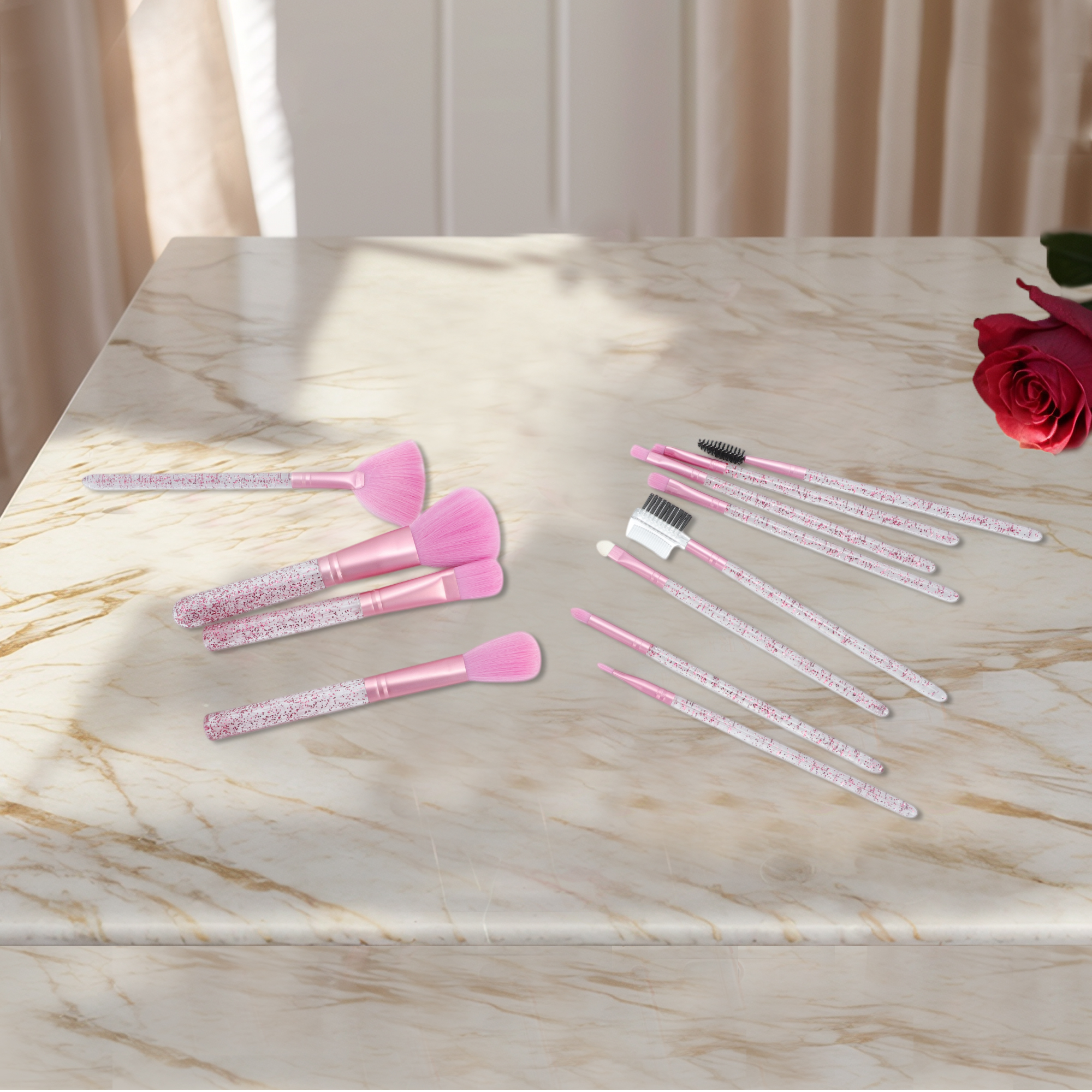 Unique Bargains 12 Pcs Durable Bucket Makeup Brush Set for Bathroom Rose Red