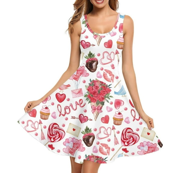 Renewold Rose Love Sleeveless Dress for Girls Valentine's Day Round Neck Pull on High Waistline Dress Ladies Summer Beach Party Dresses Elegant Dress Size M