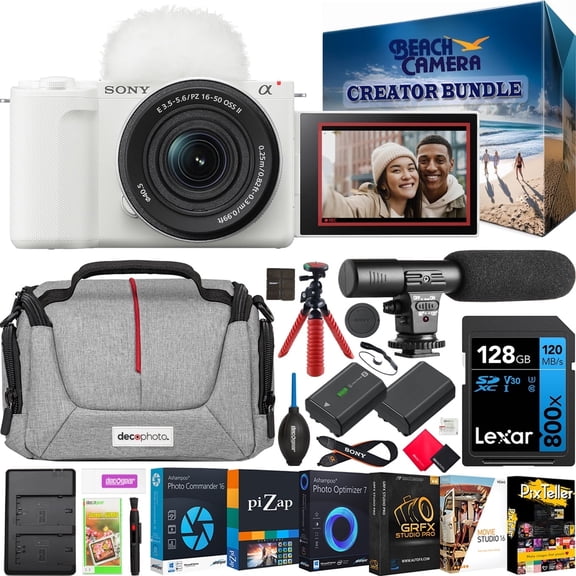 Sony ZV-E10 II Mirrorless Alpha APS-C Camera Body   16-50mm F3.5-5.6 OSS II Zoom Lens White ZVE10M2KW Content Creators Bundle with Deco Gear Case   Microphone   Extra Battery   Tripod Accessories Kit