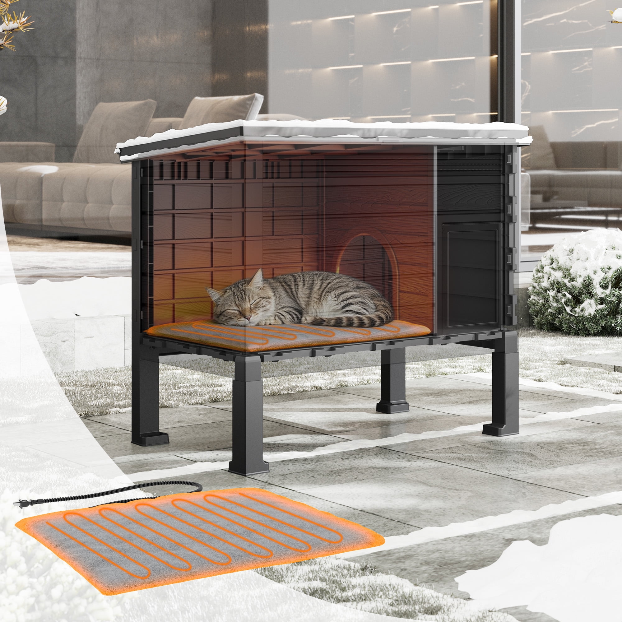 LHBcraft Outdoor Cat House,Weatherproof Insulated Cat Shelter for Outdoor Indoor Cats with Raised Floor,Outside Feral Cat House with Heating Pad for Winter, Secure Escape Doors for Cats, Black