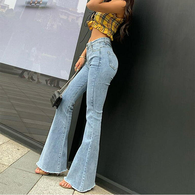 Women's Flare Bell Bottom Jeans Pants Wide Leg Fashion High Waist Pocket Solid Casual Hip Tight Slimming Trumpet Pants - Walmart.com