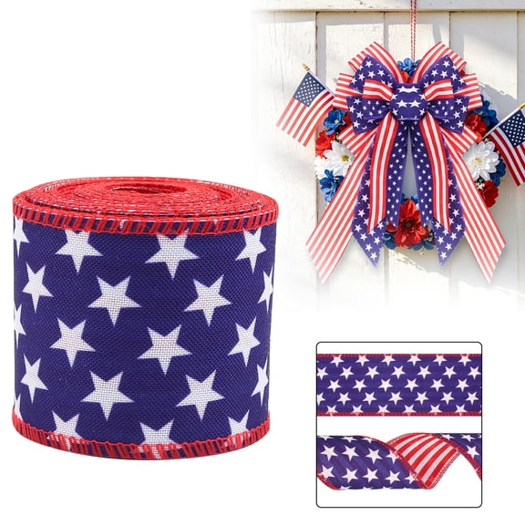 ZFSBZBS Patriotic Ribbon Wired, Double-Sided American Flag Ribbon with Stars and Stripes, Reversible 4th of July Ribbon for 250th Anniversary Wreaths Gift Wrapping Crafts,Blue,2.75x2.48in