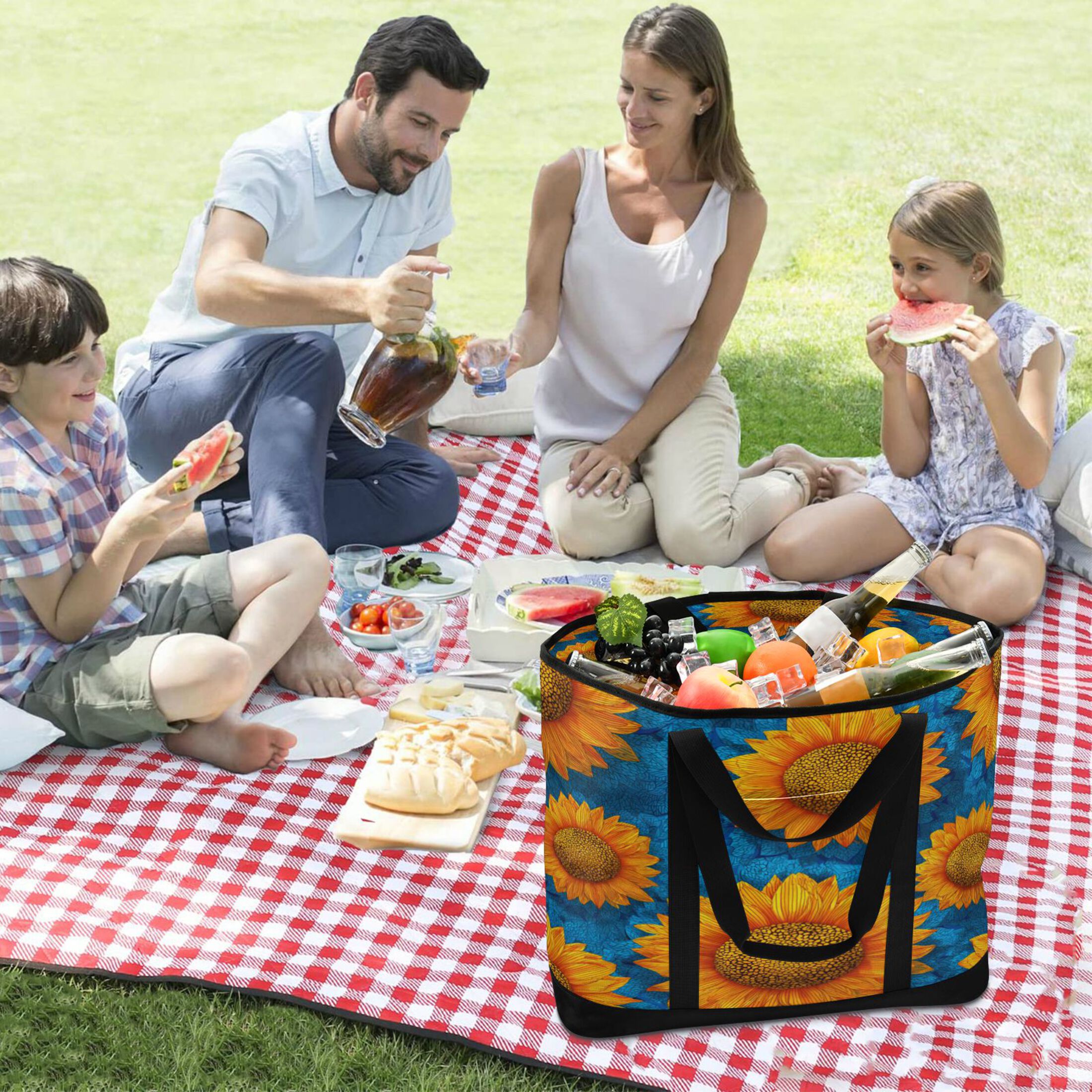 Extra-Large Wide Opening Design Capacity Hand-Held Ice Pack Thickened Insulation Layer For Long-Lasting Cold Retention For Outdoor Shopping Picnics And Camping Vibrant Digital Sunflower Painting