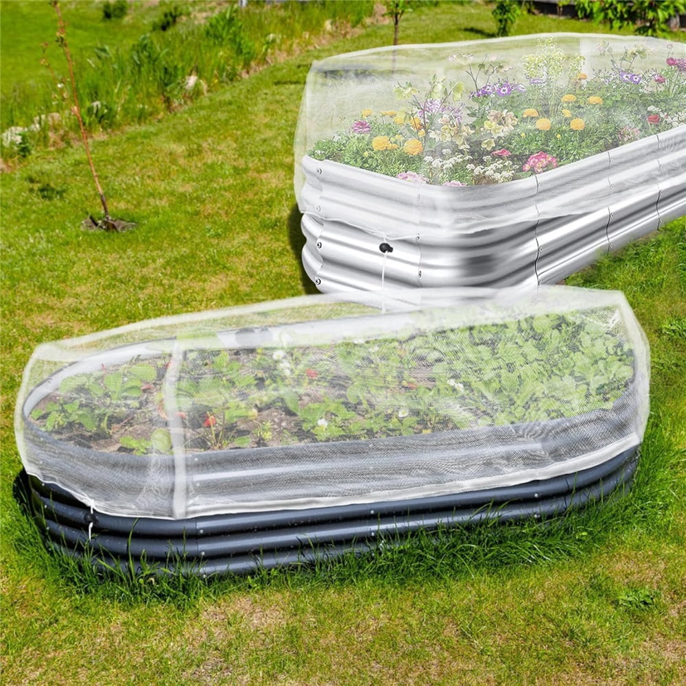 2 Pack Garden Netting for Raised Beds, Raised Bed Plant Covers for Garden Protection, Fine Mesh Bird Netting Pest Barrier Screen with Drawstring and Clips for Protecting（Only cover）