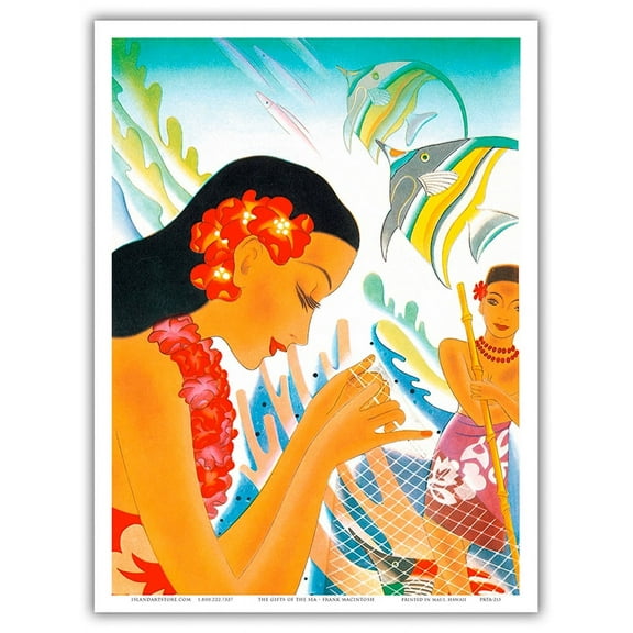 Gifts of the Sea - Hawaiian Woman with Fishing Net (’Upena) - Vintage Ocean Liner Menu Cover by Frank Macintosh c.1930s - Master Art Print (Unframed) 9in x 12in