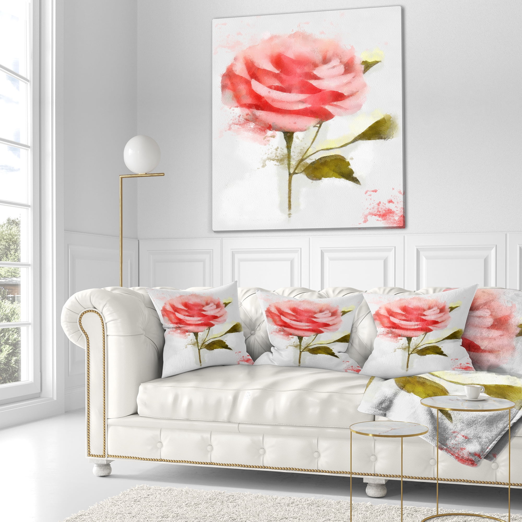 Designart Cute Pink Watercolor Rose Sketch - Flowers Throw Pillowwork - 16x16