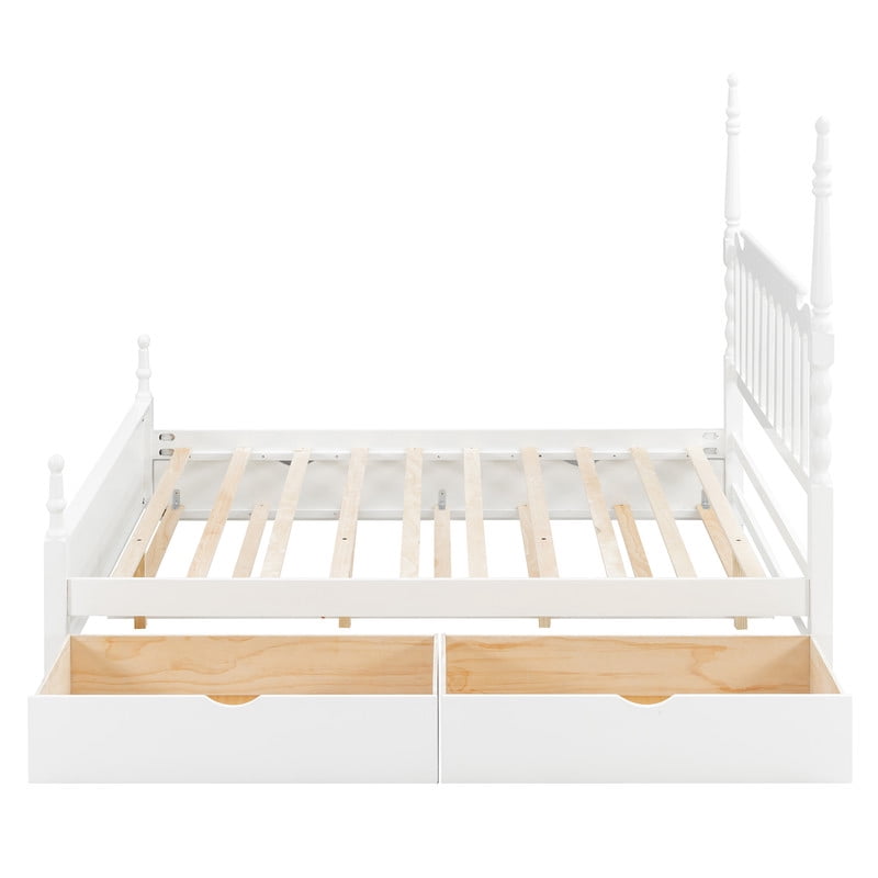 Queen Size Platform Bed with Twin XL Trundle and 2 Storage Drawers, Wooden Bed Frame with Vintage Spindle Headboard & Footboard