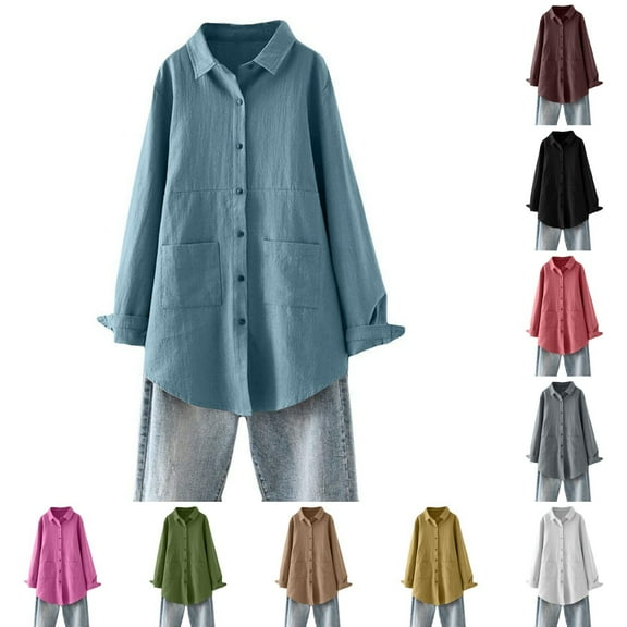 Womens Plus Size Linen Tunic Long Sleeve Button Down Blouse With Pockets Comfort Fit