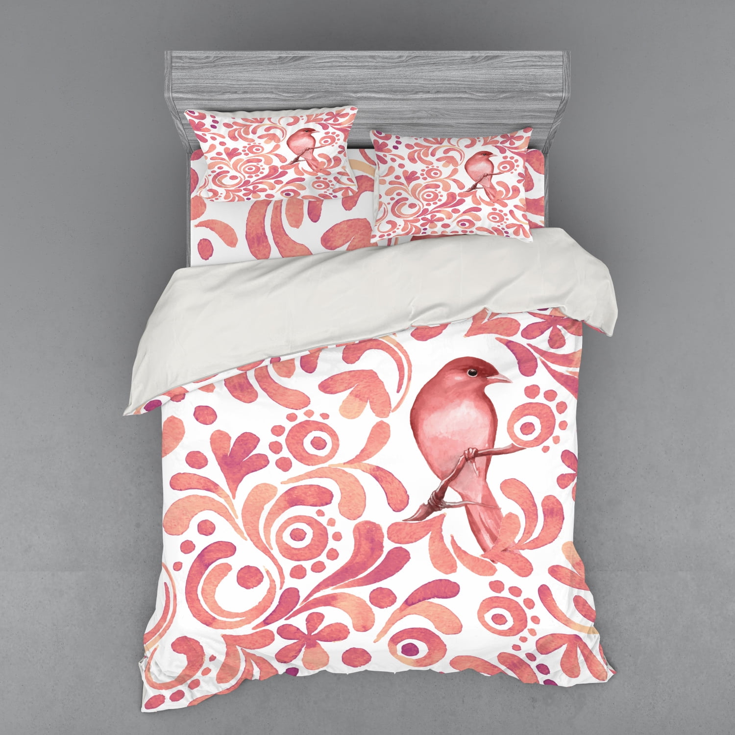 Watercolor Duvet Cover Set, Bird on Tree Branch Floral Swirls Curves