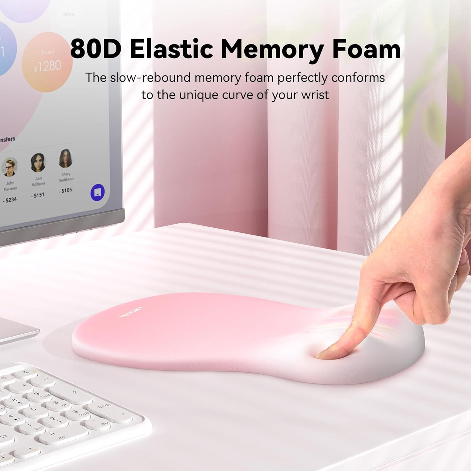 Ergonomic Mouse Pad with Wrist Rest, Memory Foam Mousepad with Wrist Support, Smooth Surface, Middle Concave & Non-Slip Base for Laptop/PC, Pain Relief for Home Office Gaming, Pink
