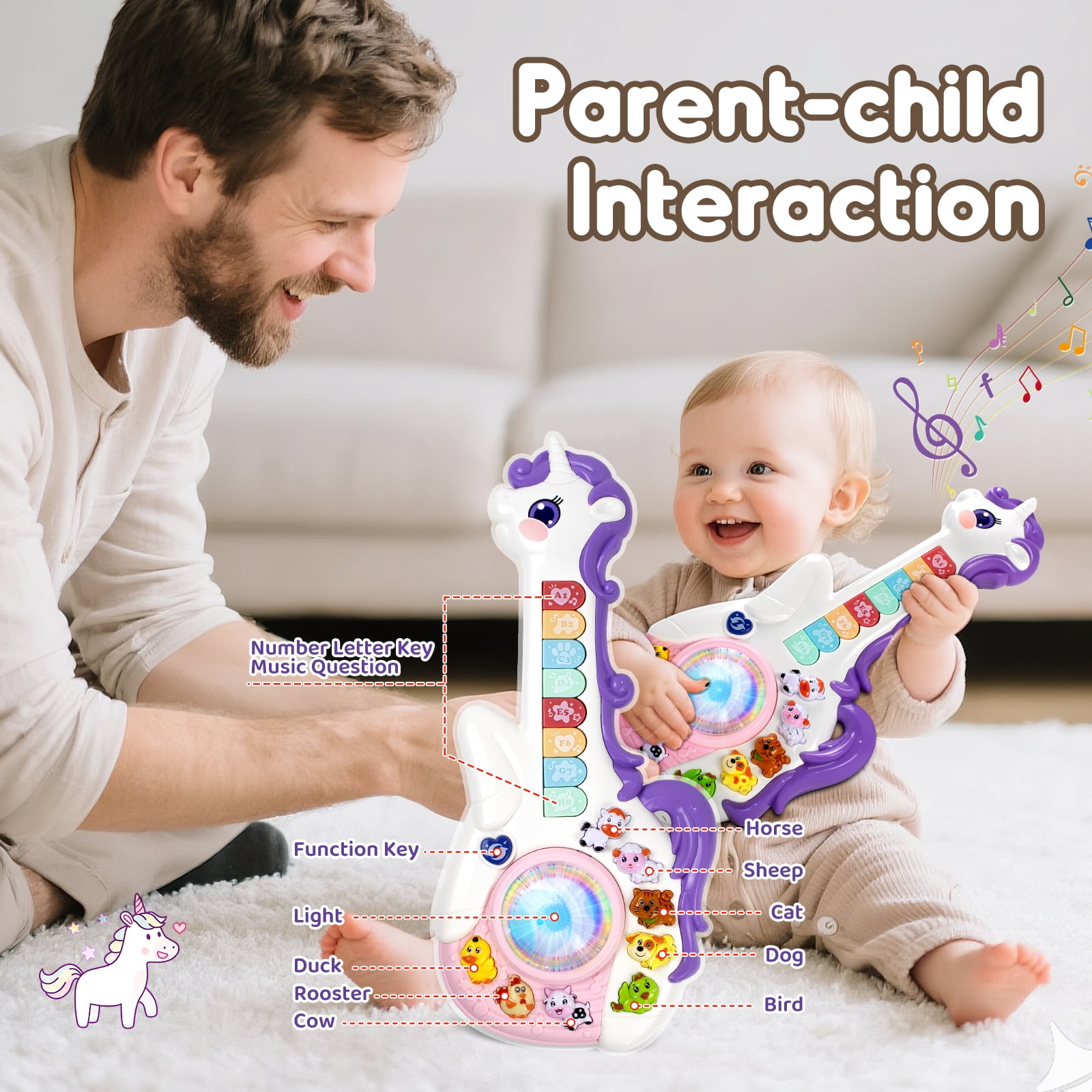 Marstone Toys for 1 2 Year Old Girl Birthday Gifts: Baby Musical Unicorn Toys 12-18 Months, Educational Cartoon Guitar for Toddler Boy Kids 1-3