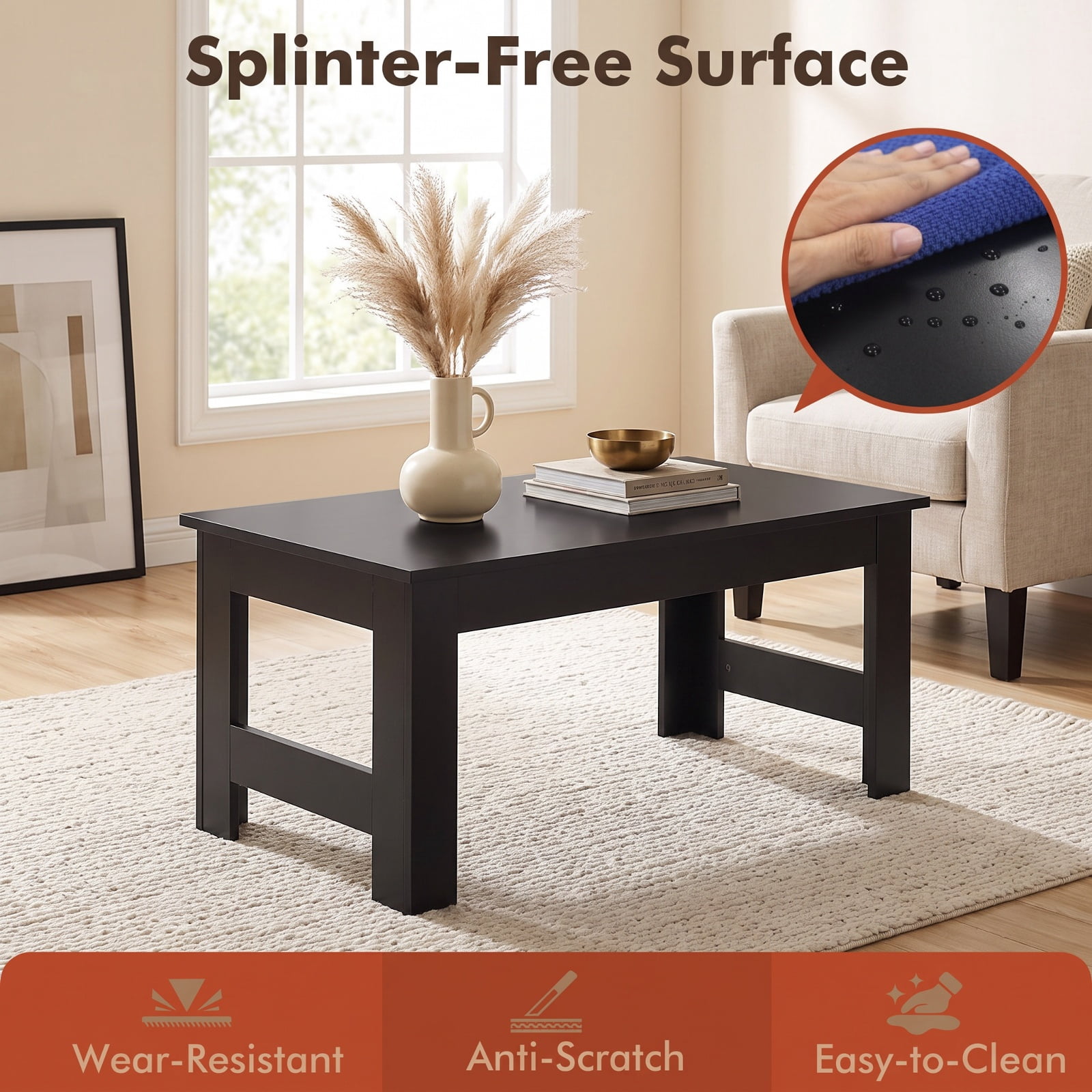 Furnibear Portable Low Floor Table with Foldable Legs Space Saving Folding Coffee Table for Living Room Dining Reading Gaming, Black