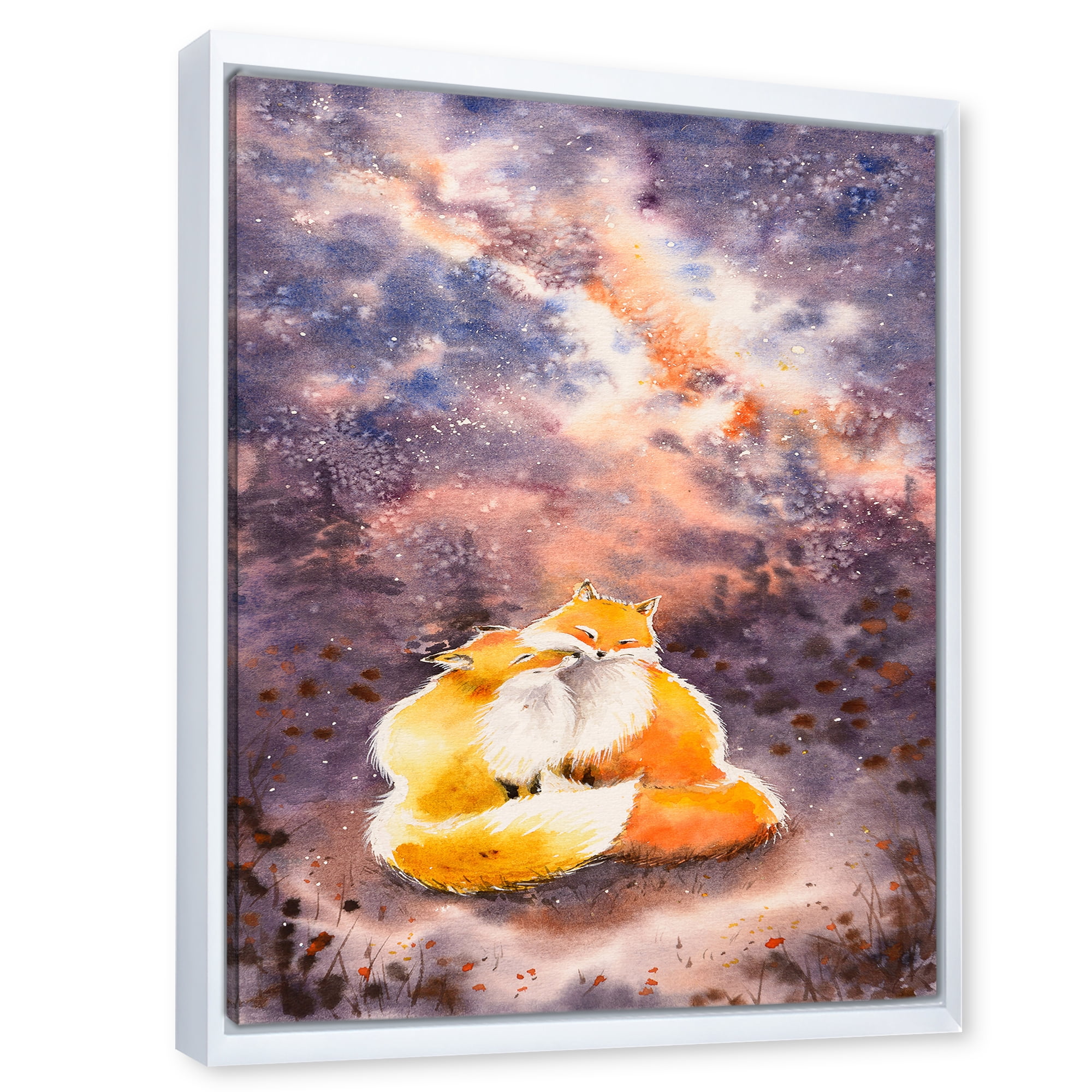 Designart 'Foxes Over A Night Sky Hugging ' Children's Art Framed Canvas Wall Art Print