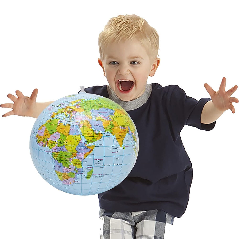 Inflatable Earth Beach Topographic Map Globe, 16 Inches Earth Blow Up World Globe, English Beach Ball Teaching Stand Glob, World Glob Ball for Kids School Classroom Geography Party