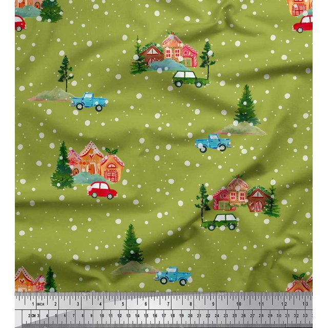 Soimoi Moss Georgette Fabric House,Tree & Car Transport Print Fabric by the Yard 42 Inch Wide