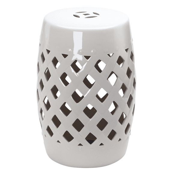 Beyamis 13" x 18" Ceramic Garden Stool - Woven Lattice Design, Glazed Material, Decorative Outdoor Use, White, Spring Garden Decor