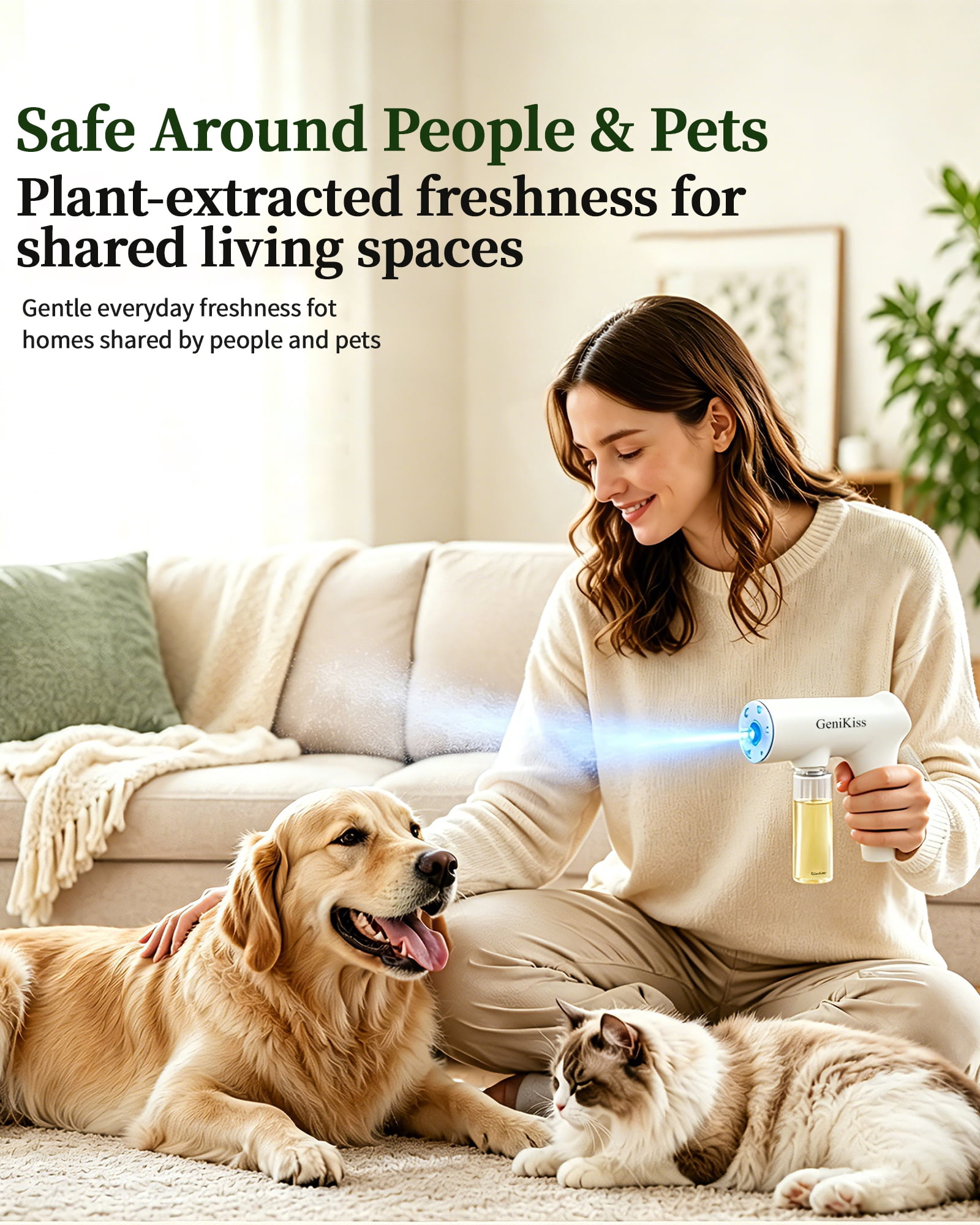 GeniKiss Pet Odor Eliminator Spray, Nano Blue Light Bio-Enzyme Formula for Dog & Cat Urine, Litter Box, Carpet & Home Odors