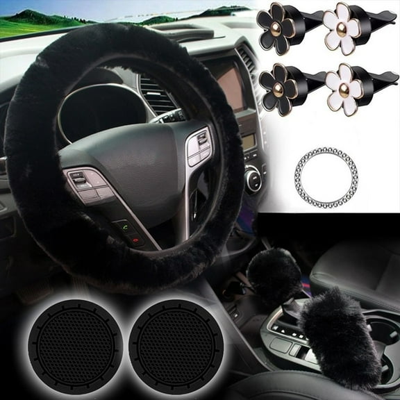 10Pcs Car Interior Decoration Furry Steering Wheel Cover Set For Women With Cup Holders Decorations Car Accessories