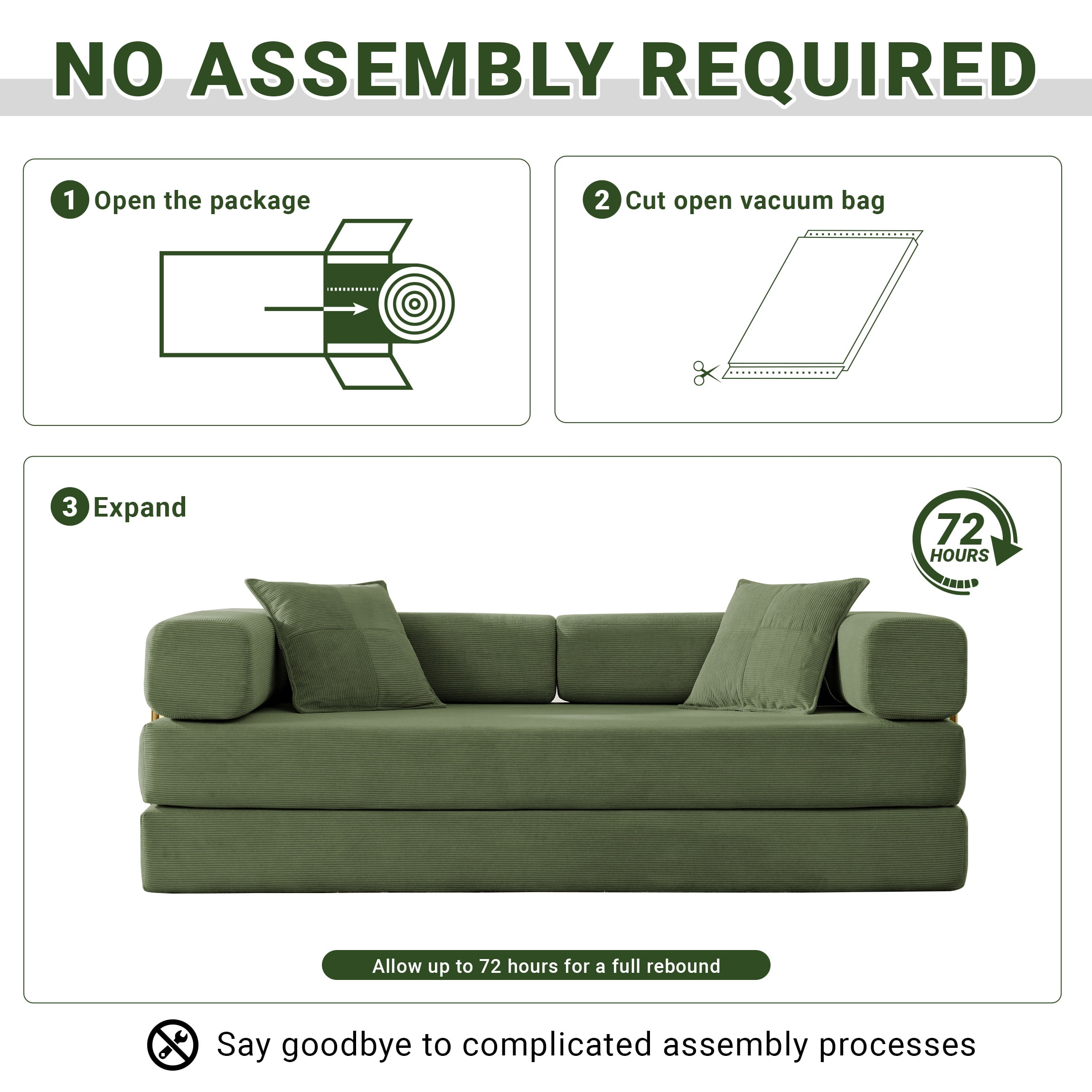 Vanress 79" Convertible Sofa Bed, Folding Sleeper Sofa Couch Bed with Fixed-Shape Frame, Fold Out Sleeper Loveseat, Corduroy Boneless Futon Bed, No Assembly Required for Living Room & Bedroom, Green