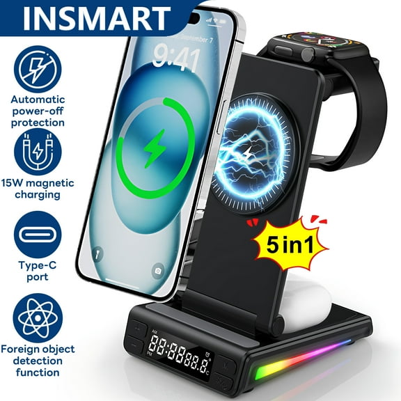 INSMART Wireless Charging Station for iPhone,5 in 1 Foldable Magnetic Charging Stand with Digital Clock,Temp Display,15W Fast Charger,RGB Colorful Lights,for Home Office Black