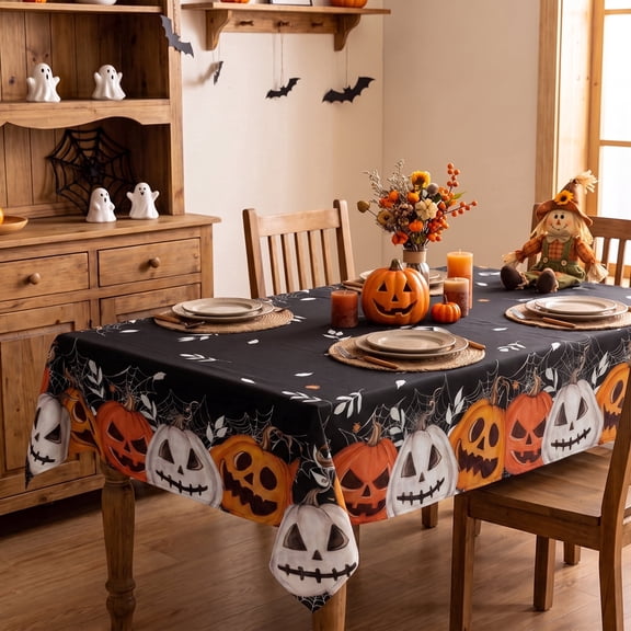 Sm:)e Jack-O-Lantern Pumpkin Black Halloween Tablecloth 60 x 84 Inch, Wrinkle-Resistant & Machine Washable Table Cover for Dining Decor, Rectangle