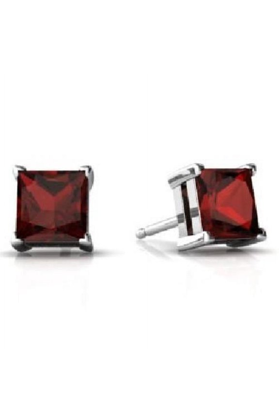 14Kt White Gold Garnet Princess Cut Stud Earrings