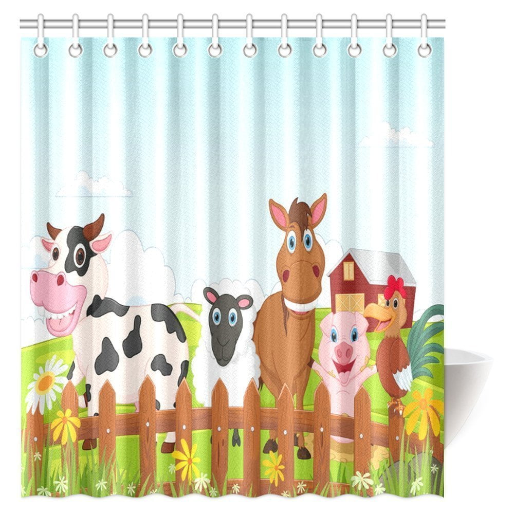MYPOP Cartoon Decor Shower Curtain, Happy Farm Animal