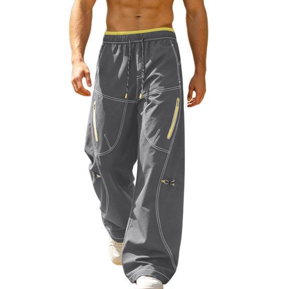 SAWOBUUN Mens Baggy Pants Wide Leg Elastic Waist Contrast Stitching Cargo Pants Y2K Streetwear Trousers with Zipper Pockets
