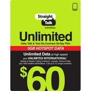 Straight Talk's $60 Unlimited International 30-Day Prepaid Plan includes Unlimited Talk, Text and data at high speed + International Calling** e-PIN Top Up (Email Delivery)