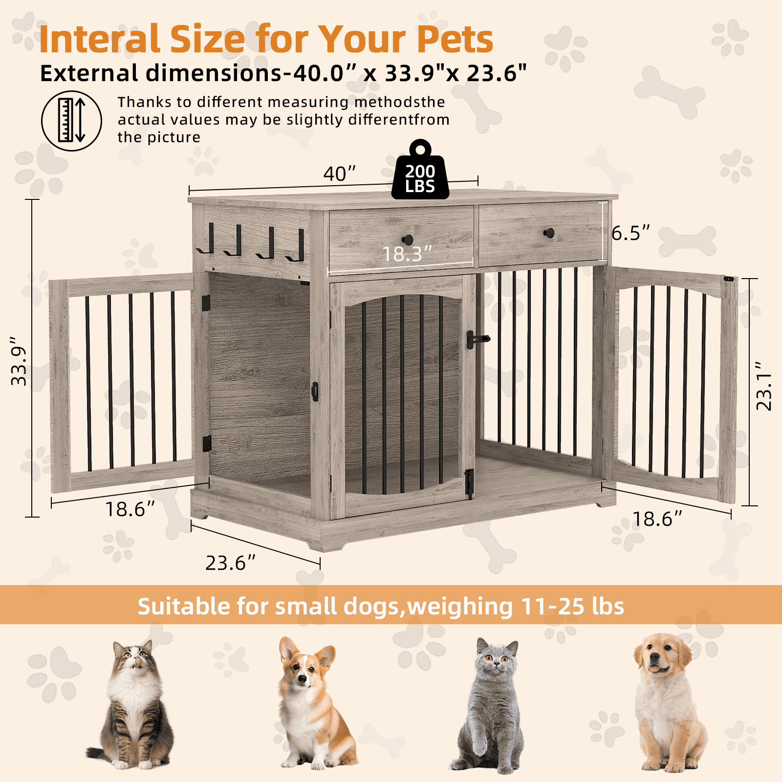 Flictozena 40 Inch Dog Crate Furniture - House Style Wooden Pet Kennel End Table with 2 Doors & Storage Drawers for Indoor Large Dogs, Gray