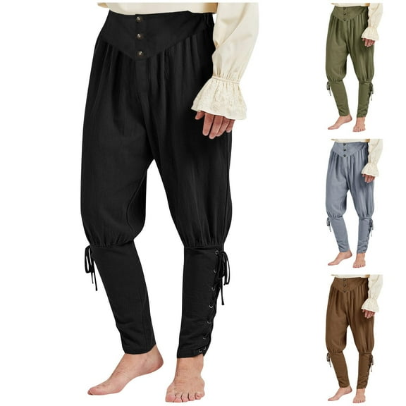 Miluxas Men's Pirate Pants Renaissance Medieval Viking Pants Linen Ankle Banded Trousers Halloween Costume Gray