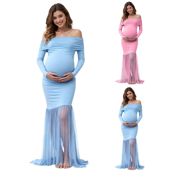 Lispipm Maternity Dress for Women Party Long Sleeve Off Shoulder Pregnant Clothes Mesh Split Photography Gown for Photoshoot Blue L