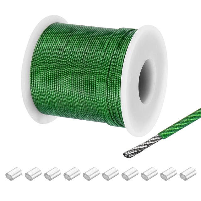 197Ft Wire Rope 304 Stainless Steel Cable 1/24" Vinyl Coated with 10pcs Aluminum Sleeves Green