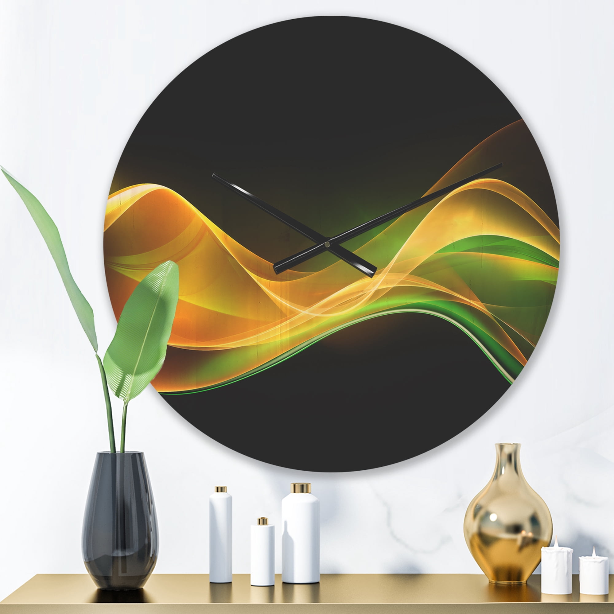 Designart '3D Green Gold Wave Design ' Modern Wood Wall Clock