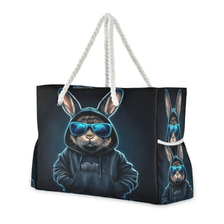 Nylon Beach Tote Bag 20.5 x15  Lightweight Carryall for Pool  Travel & Baby Essentials Rabbit in A Black Hoodie