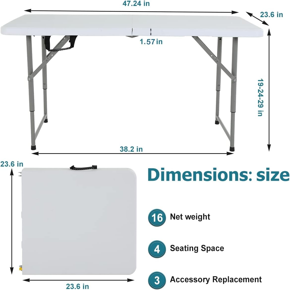 Dkelincs 4ft Folding Table Adjustable Height Picnic Camping Table Plastic Portable Table with Handle, White